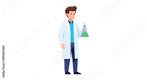 An illustration of a male scientist in a lab coat holding a conical flask with a green liquid, representing research and experimentation.