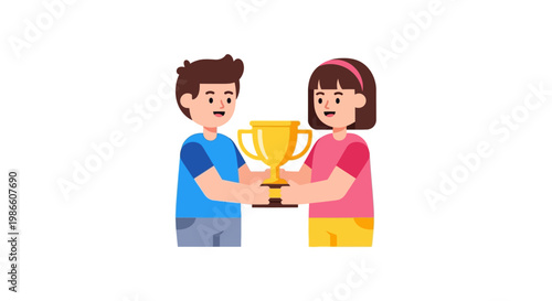Two children celebrating with a golden trophy, symbolizing achievement and success in a friendly competition or award ceremony