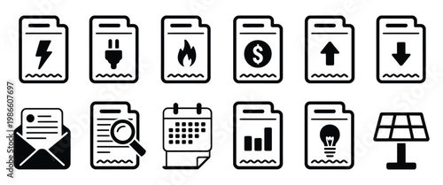 Collection of black and white utility bill icons, electricity, gas, finance, and energy management symbols, clean graphic style vector design set.