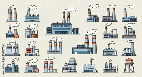 Collection of Industrial Factory Buildings with Smoke Stacks.