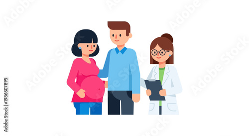 Cartoon illustration of a happy pregnant couple attending a medical check-up with a friendly female doctor, representing maternity care, family health, and prenatal consultation for future parents