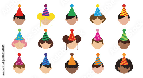 A vibrant collection of diverse faceless avatars, each adorned with a festive party hat, symbolizing universal celebration, joy, and inclusivity for various happy occasions and events