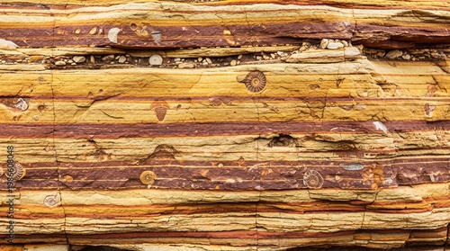 Close-up of layered sedimentary rock with visible fossilized ammonites embedded within distinct strata.