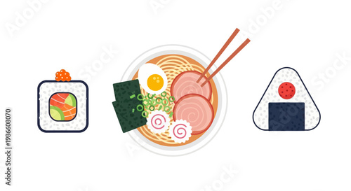 Flat design illustrations of popular Japanese food, including a sushi roll, ramen noodles, and an onigiri rice ball, perfect for culinary projects