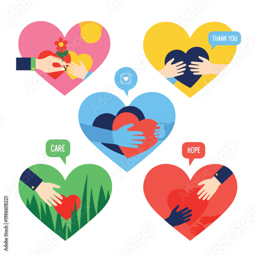A group of hearts with hands and words