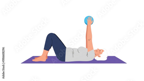 senior woman physiotherapy exercise lying on mat with fitness ball rehabilitation illustration