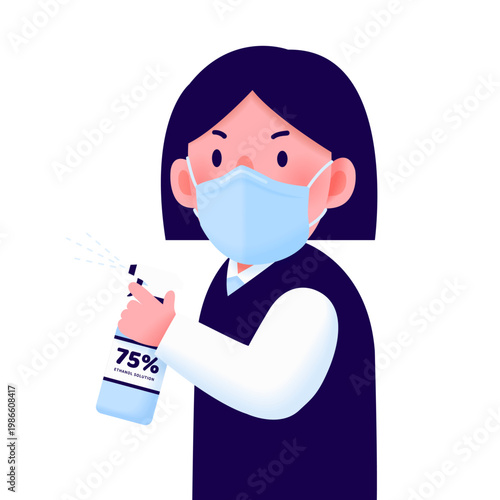 Girl using disinfectant
