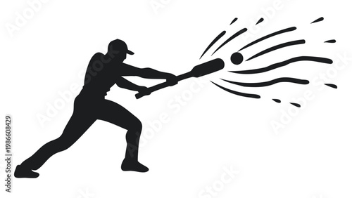 An exhilarating vector silhouette captures a passionate baseball player hitting a ball with an exaggerated stylized "splash" effect, emphasizing extreme speed and the forceful, impactful contact.