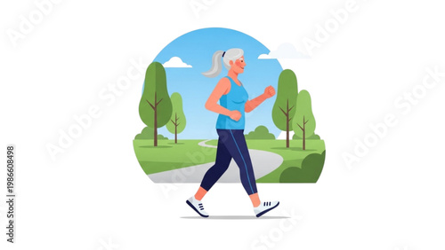 active senior woman walking in park healthy aging outdoor fitness illustration
