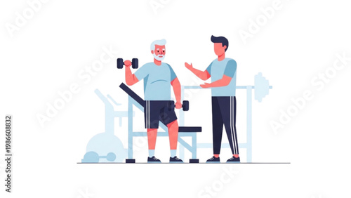 senior man weight training with personal trainer gym workout fitness illustration