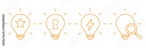 Idea process light bulb icons vector, concept stages with star, security lock, energy bolt and search symbol, minimal outline sequence for innovation workflow and problem solving design. bulb idea.