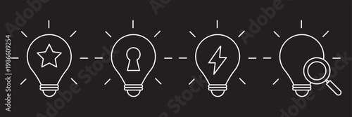Idea process light bulb icons vector, concept stages with star, security lock, energy bolt and search symbol, minimal outline sequence for innovation workflow and problem solving design. bulb idea.