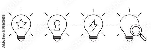 Idea process light bulb icons vector, concept stages with star, security lock, energy bolt and search symbol, minimal outline sequence for innovation workflow and problem solving design. bulb idea.