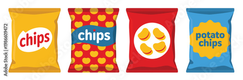 Colorful vector illustration of assorted potato chips packaging bags, different label designs, snack food branding concepts, modern retail product mockup style.