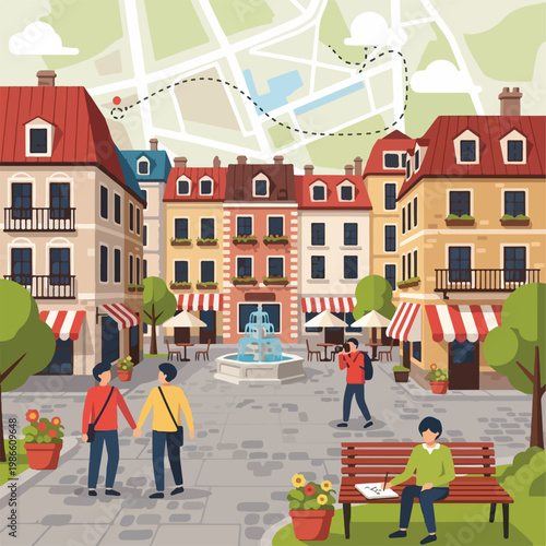 A quaint European town square with people and buildings