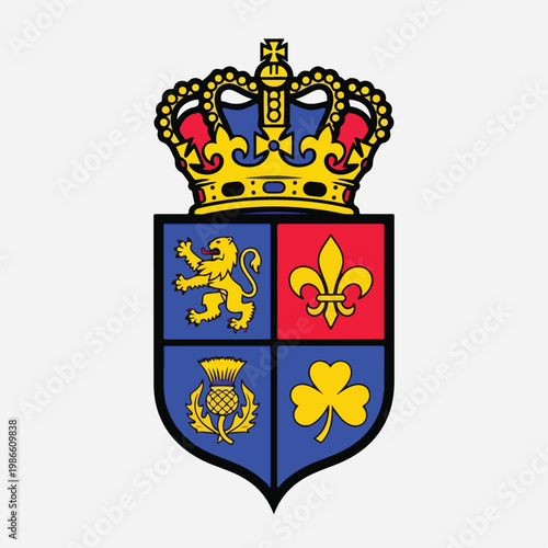 A heraldic shield with crown and symbolic emblems