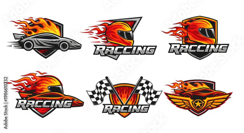 Set of racing car and helmet logos with flames.