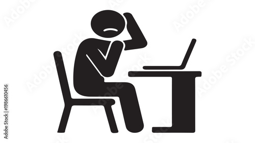 Stressed office worker icon, mental exhaustion and burnout at workplace, man sitting at desk with laptop feeling tired, vector silhouette.