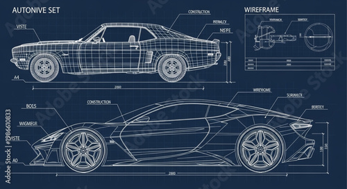 Automotive Blueprint Design of Classic and Modern Sports Cars.