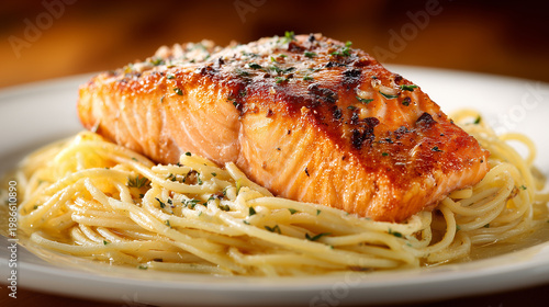 Delicious Seafood Pasta with Grilled Salmon Close Up