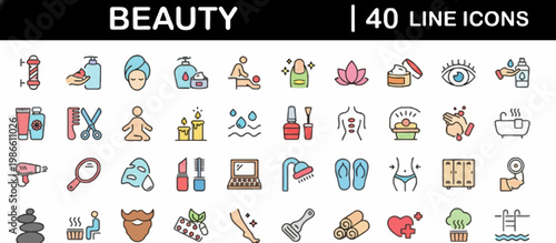 A comprehensive collection of beauty and wellness line icons, featuring spa treatments, makeup, skincare, and hair care