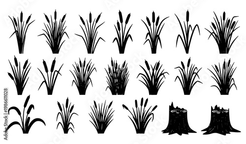 Schilderij op canvas Reeds and cattails silhouette set vector marsh plants and stumps CAD style illus