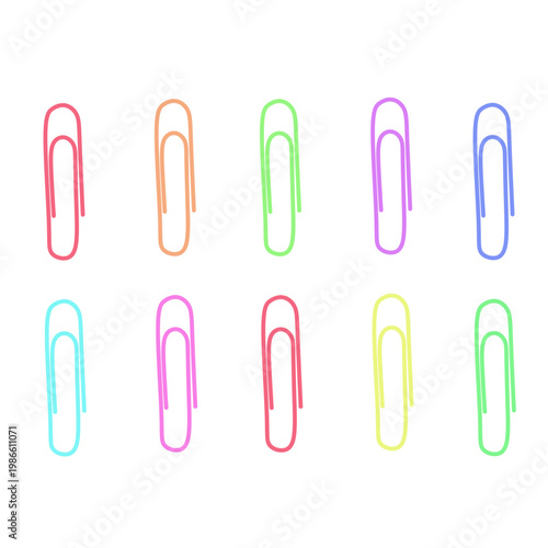 Colorful paper clip collection in minimal outline style. Set of office stationery elements isolated on white background, ideal for business, school, and office design