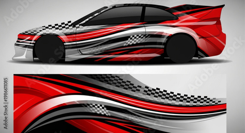 Sports Car With Red White Black Graphic Wrap Design.