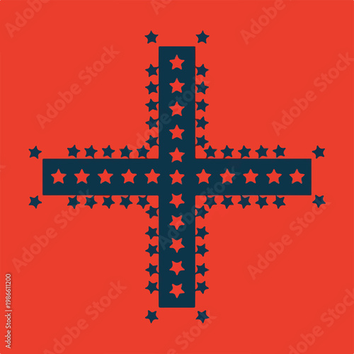 A large dark blue cross on a red background covered with stars
