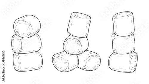 Three stacks of cylindrical marshmallows in a line style food sweet confection