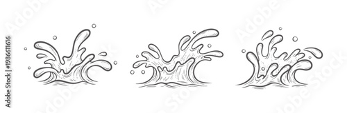 Three stylized water splashes with droplets and waves in a hand drawn style liquid