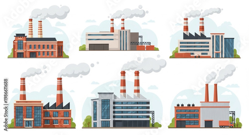 Collection of Industrial Factory Buildings with Smoke Stacks.