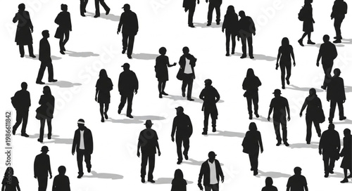 Diverse Crowd Of People Silhouettes Walking Outdoors.