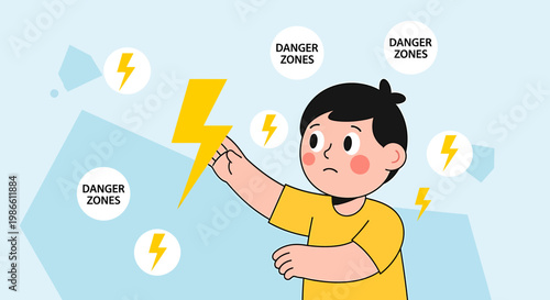 Young boy touching a lightning bolt, representing danger and electrical safety.