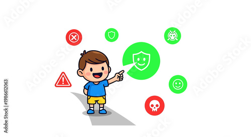 Little boy pointing at a green shield icon representing digital security.