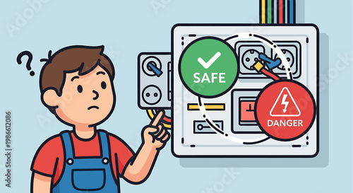 Confused child points at electrical panel with safety warnings.