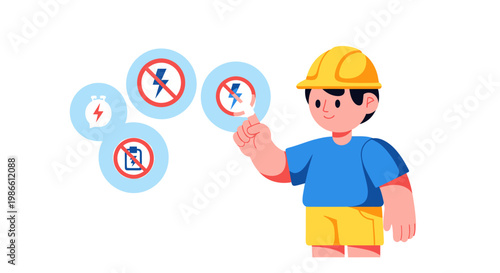 Young electrician in hard hat pointing at electrical safety signs.