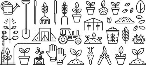 Agriculture icons, farming symbols, gardening illustrations, 25 line icons