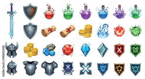 Fantasy RPG game icons set, medieval loot and equipment vector illustrations, magic potions and warrior armor assets for mobile gaming interface