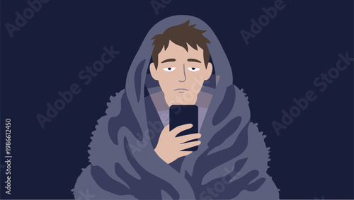 Person wrapped in blanket looks concerned while holding smartphone indoors