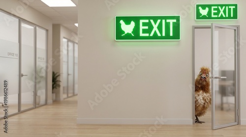 Chicken Out Conceptual Image, A Chicken Walking Out of a Doorway Representing Cowardice and Quitting