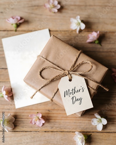 Rustic gift box with card Mother’s Day wooden table scene
