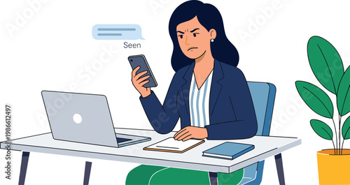 Businesswoman working on laptop and phone at office desk with plant