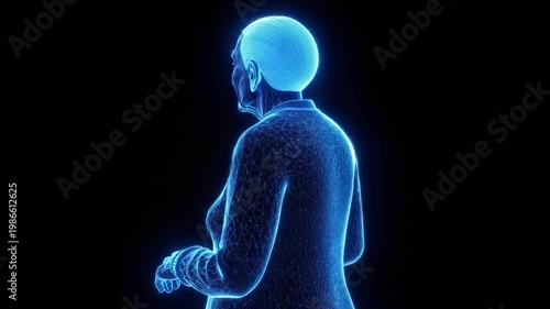 Glowing Blue Hologram Of Elderly Woman Stands In Profile Against Black Backdrop Showcasing Futuristic Concept Potentially For Medical Technological Applications