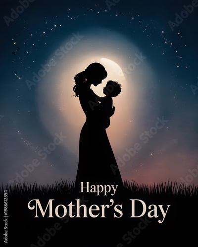 Mother and child silhouette under moonlight emotional Mother’s Day scene
