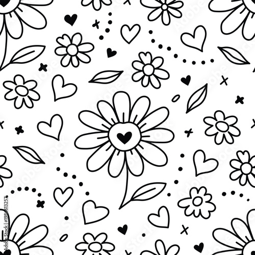 Seamless Daisy Floral Doodle Pattern with Hearts Black and White Line Art