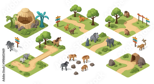 Isometric zoo animals and nature park map tiles, wild animal safari park constructor set, 3D cartoon wildlife habitat landscape elements for game design