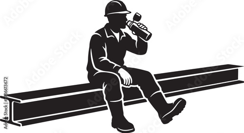 vector of a construction worker taking a break, sitting on a beam and drinking from a thermos