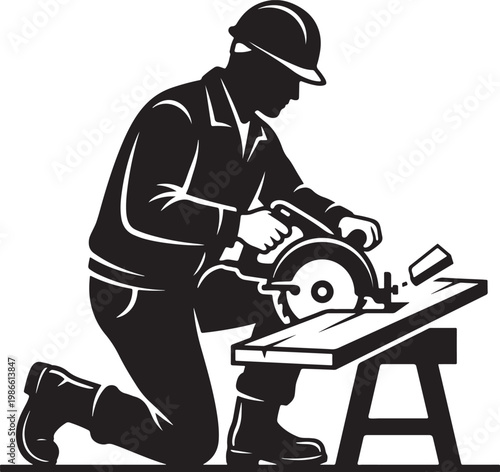 vector illustration of a carpenter kneeling and using a circular saw to cut wood