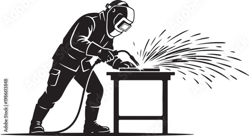 vector of a welder with a protective mask using a torch, throwing sparks, silhouette vector